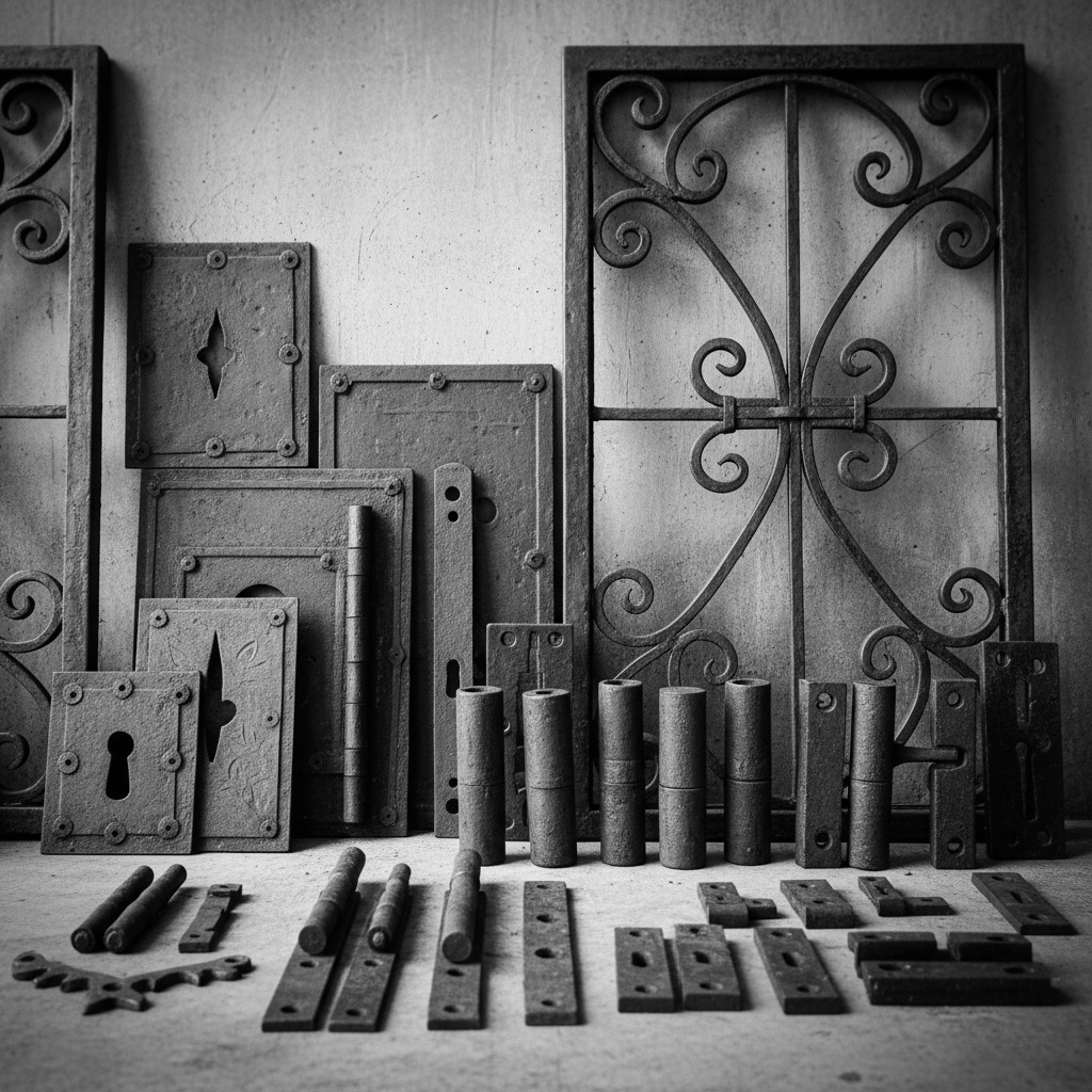 Varias piezas de hierro forjado antiguo, incluyendo bisagras, cerraduras y paneles decorativos, están dispuestas sobre una superficie contra una pared clara.