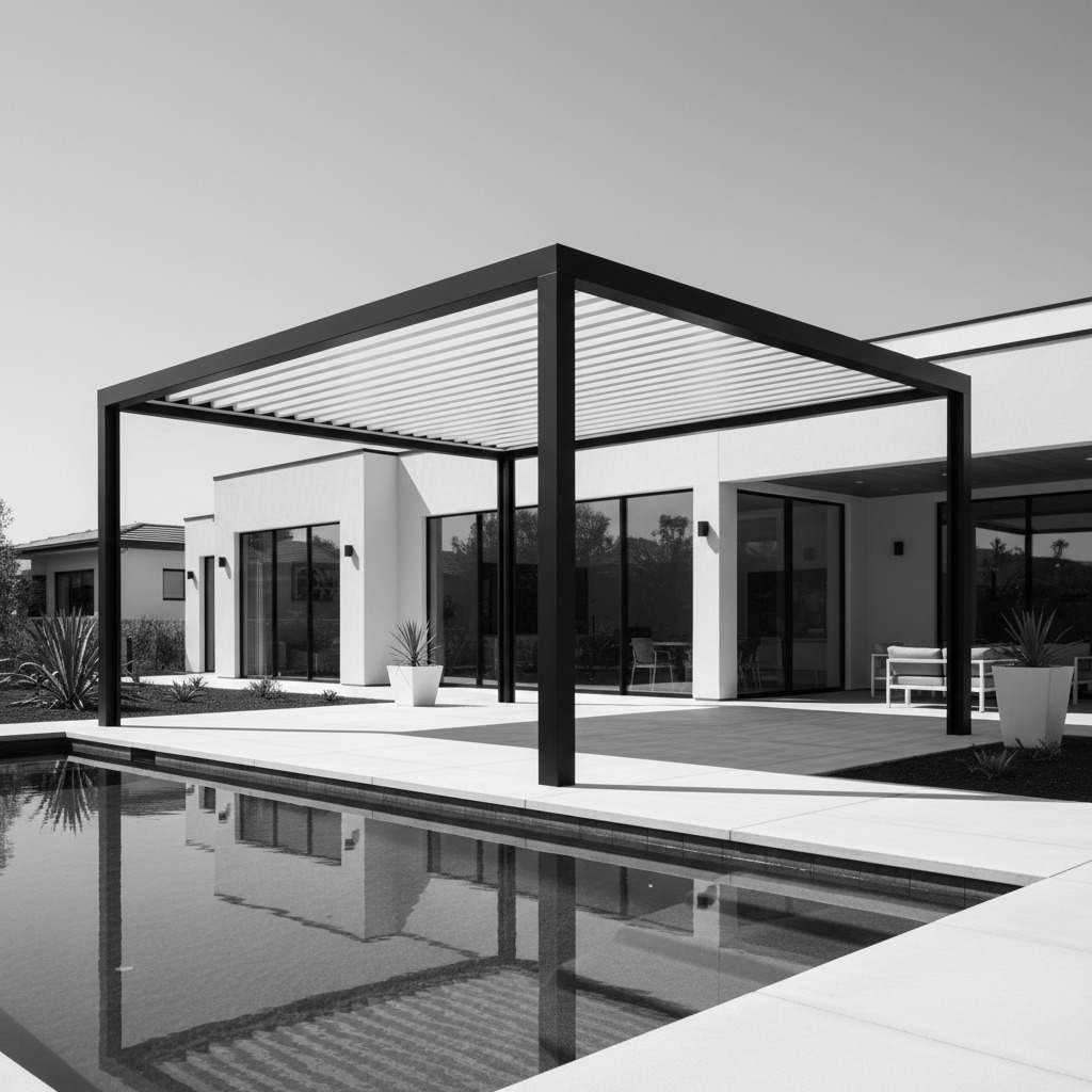Una pérgola bioclimática negra con techo de lamas orientables está instalada junto a una piscina y una moderna casa blanca.